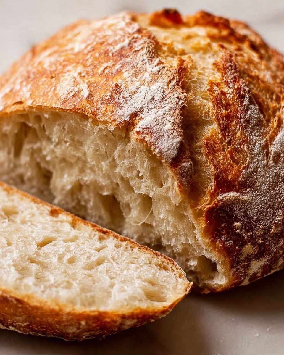 A close-up view of a round loaf of bread resting on a white marbled surface, with one thick slice cut and lying in front. The bread has a golden-brown crust with a crispy texture, featuring darker, slightly burnt edges and a light dusting of flour on top. The inside of the bread is soft and pale with a few small air holes, showing a fluffy and moist crumb. The slice is thick and reveals the contrast between the crunchy crust and the tender inner bread. photo taken with an iphone --ar 4:5 --v 7