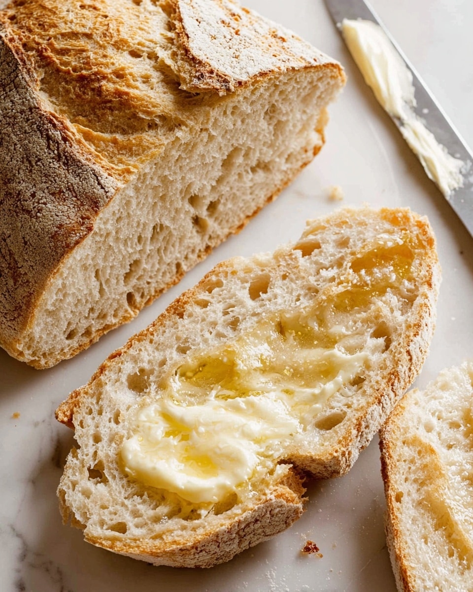 The image shows two slices of rustic bread on a white marbled surface. The first slice is plain, showing its light golden crust with a rough, crusty texture and airy, porous inside. The second slice has a layer of soft, melted butter spread unevenly, giving it a glossy, creamy look with some areas paler where the butter pools. Behind the slices, a larger piece of uncut bread with a similar crusty exterior is visible. A silver knife with a bit of butter on its blade is placed near the bread. The overall colors are warm shades of beige, cream, and light brown with the white marbled background adding contrast. Photo taken with an iphone --ar 4:5 --v 7