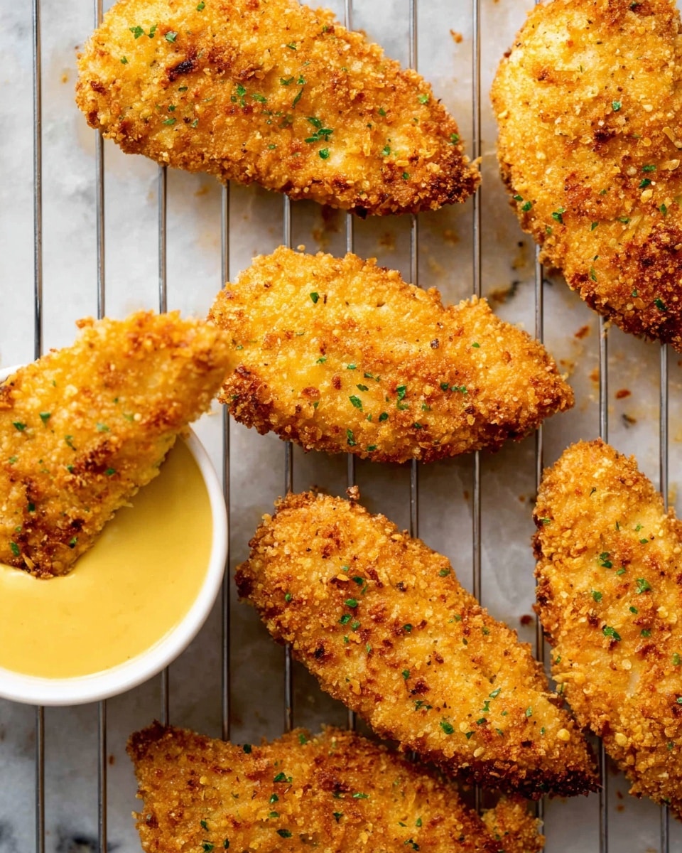 The image shows several pieces of golden, crispy breaded chicken tenders arranged on a wire rack over a white marbled surface. The chicken has a rough, crunchy texture with small green herb bits sprinkled on top. A white cup with creamy, light yellow dipping sauce is placed in the left bottom corner, with one chicken tender partially dipped into the sauce. The pieces vary slightly in size and shape, and there are small crumbs scattered around the rack. Photo taken with an iphone --ar 4:5 --v 7