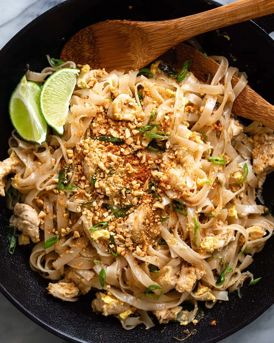 The image shows a close-up of a dish featuring three main layers. The bottom layer consists of light beige rice noodles tangled together, forming the base. On top of this, there are pieces of pale brown cooked chicken and soft yellow egg fragments scattered throughout, adding texture and volume. The top layer is garnished with crushed peanuts giving a rough texture, thin green chives, and bright green lime wedges placed on the side, creating a fresh look. Two wooden spoons are partially inserted into the dish from the sides. The food is served in a black pan set on a white marbled surface. Photo taken with an iphone --ar 4:5 --v 7