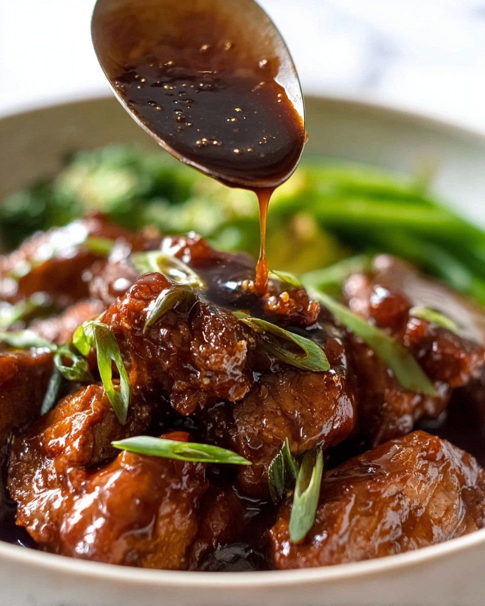 A close-up view of a white bowl filled with several glossy, deep brown pieces of meat layered at the bottom, topped with sliced green onions as garnish. A spoon above the bowl is dripping thick, shiny brown sauce onto the meat, creating a rich, glazed texture. In the blurred background, some green vegetables add a fresh contrast. The whole scene is set against a white marbled texture background. photo taken with an iphone --ar 4:5 --v 7