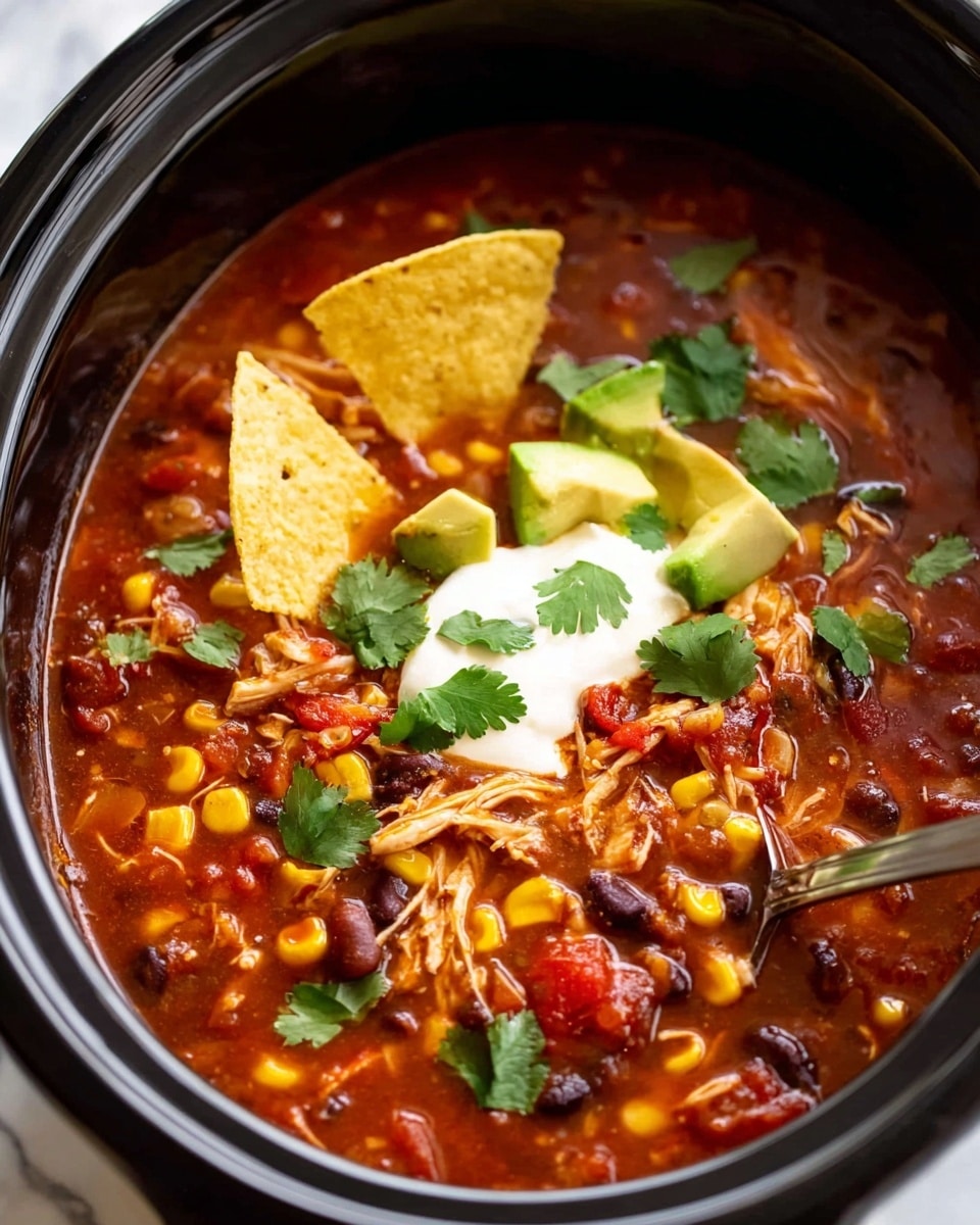 A black slow cooker filled with a thick, red tomato-based soup containing visible yellow corn kernels, black beans, and shredded chicken pieces. On top, there are chunks of green avocado, a dollop of white sour cream, thin strips of pale cheese, and fresh green cilantro leaves scattered throughout. Two round yellow tortilla chips are partially dipped into the soup near the edge. A silver ladle rests inside the slow cooker with its handle pointing outwards. The pot is placed on a white marbled surface. photo taken with an iphone --ar 4:5 --v 7