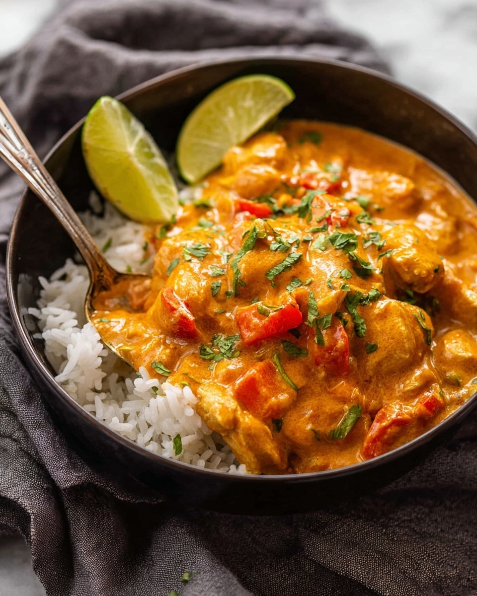 A dark bowl holds three layers: at the bottom, white rice forms the base, topped by a thick orange curry with visible chunks of chicken and pieces of red bell pepper, coated in a creamy, slightly glossy sauce. Fresh green chopped cilantro is sprinkled on top for color contrast. On one side, there are two lime wedges placed against the curry. A silver spoon rests inside the bowl on the right side. The bowl sits on a soft, neutral-colored textured cloth on a white marbled surface. Photo taken with an iphone --ar 4:5 --v 7