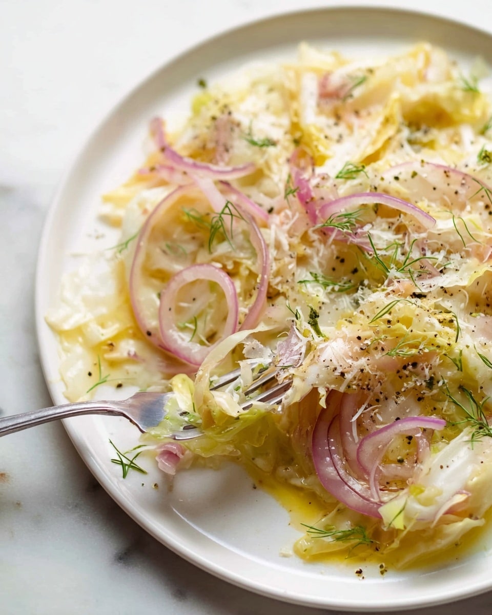 A close-up of a dish on a white plate with soft thin layers of light yellow and translucent pasta or crepe, topped with thin strips of pale white and light purple onions, light green dill sprigs, and small shavings of white cheese scattered over the top. The food looks moist with a light oily or buttery sheen, giving a glistening texture. A silver fork with some thin onion strips caught on its prongs rests on the edge of the plate. The background is a white marbled surface photo taken with an iphone --ar 4:5 --v 7