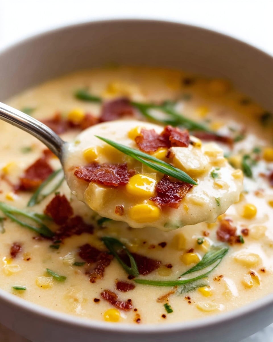 This image shows a close-up view of creamy corn chowder in a white bowl with a smooth, thick off-white broth filled with soft yellow corn kernels and small chunks of pale potatoes. Scattered on top are bits of crispy brown bacon adding texture, along with thin, bright green slices of fresh scallions for color contrast. A spoon is partially dipped in the soup, lifting a spoonful that highlights the creamy texture and mix of ingredients. The background is a white marbled texture. photo taken with an iphone --ar 4:5 --v 7