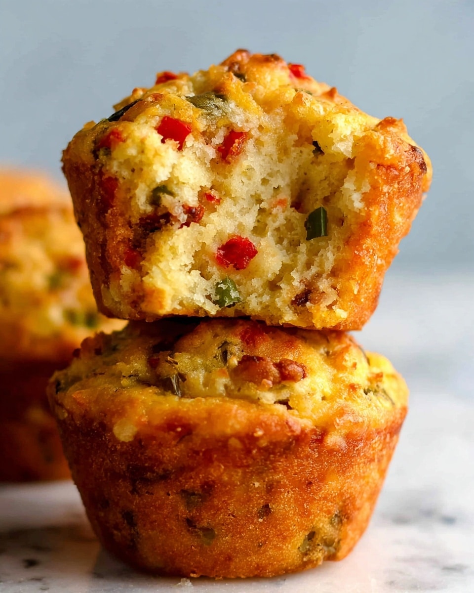 The image shows a close-up of two golden brown savory muffins stacked on top of each other against a white marbled background. The bottom muffin has a textured crust with small bits of green and red ingredients visible inside. The top muffin is slightly broken in half, revealing a soft, light yellow interior dotted with colorful pieces of red pepper and green herbs. The muffins have a rough, bubbly surface with a slightly crispy top layer and a moist inside. Photo taken with an iphone --ar 4:5 --v 7