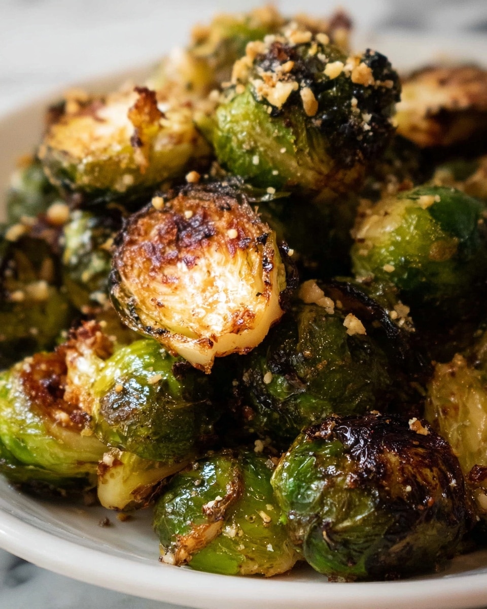 The image shows a close-up of a pile of roasted Brussels sprouts on a white plate. Each Brussels sprout is halved, with the outer leaves a dark green to almost black due to roasting, and the inner parts golden brown and crispy. The surface of the Brussels sprouts is textured with bits of browned, crunchy coating, likely cheese or seasoning, giving them a rough and appetizing look. The light reflects off the shiny, roasted surface, highlighting the contrasts between the charred outer leaves and the soft, caramelized centers. The plate sits on a white marbled surface. photo taken with an iphone --ar 4:5 --v 7