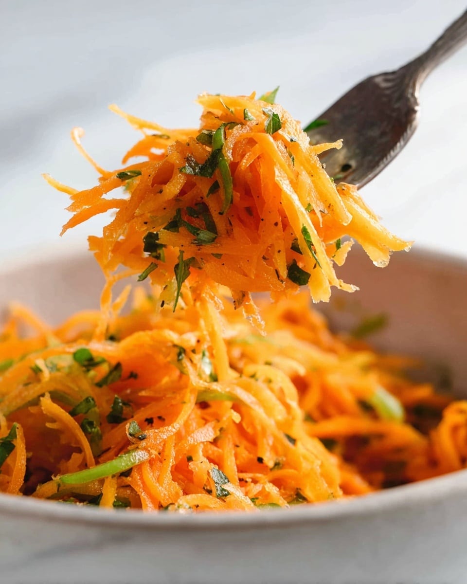 A close-up view of a fork lifting a mix of shredded, bright orange carrots combined with thin, green slices of herbs and small black pepper flakes, showing a fresh texture with some moisture. The background features more of the same carrot mixture inside a white bowl with a simple smooth surface. The image has a clean and bright look with a white marbled texture in the background. photo taken with an iphone --ar 4:5 --v 7