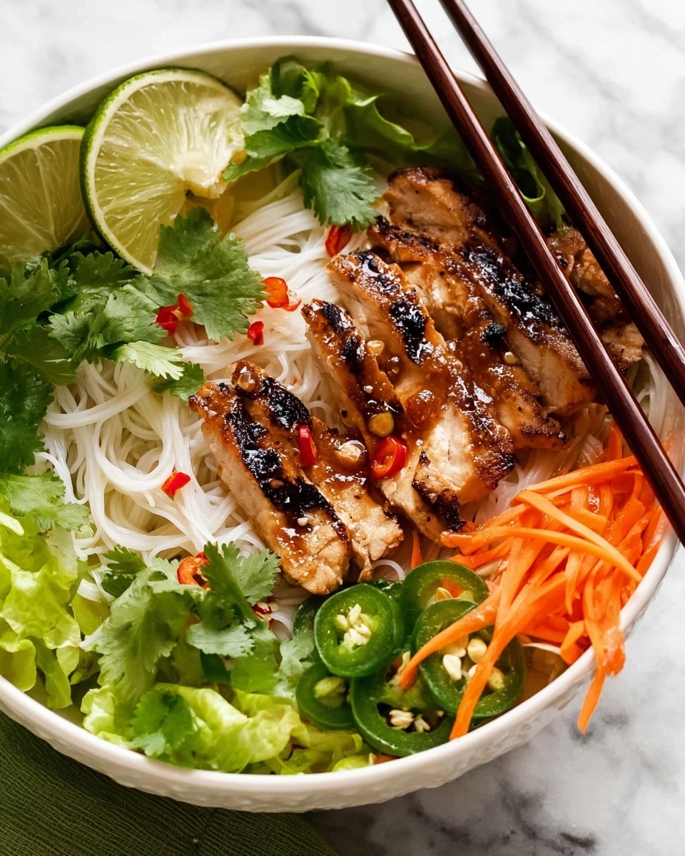 A white bowl filled with thin white rice noodles at the bottom, topped with grilled chicken pieces that are golden brown and glazed with a shiny sauce, sprinkled with small red chili bits. Around the chicken, there are fresh green lettuce leaves on the right, shredded orange carrots and white bean sprouts at the back, and slices of bright green lime. On the left side, fresh cilantro and green bell pepper slices add color. Two wooden chopsticks rest at the top of the bowl. The bowl is placed on a white marbled surface. photo taken with an iphone --ar 4:5 --v 7