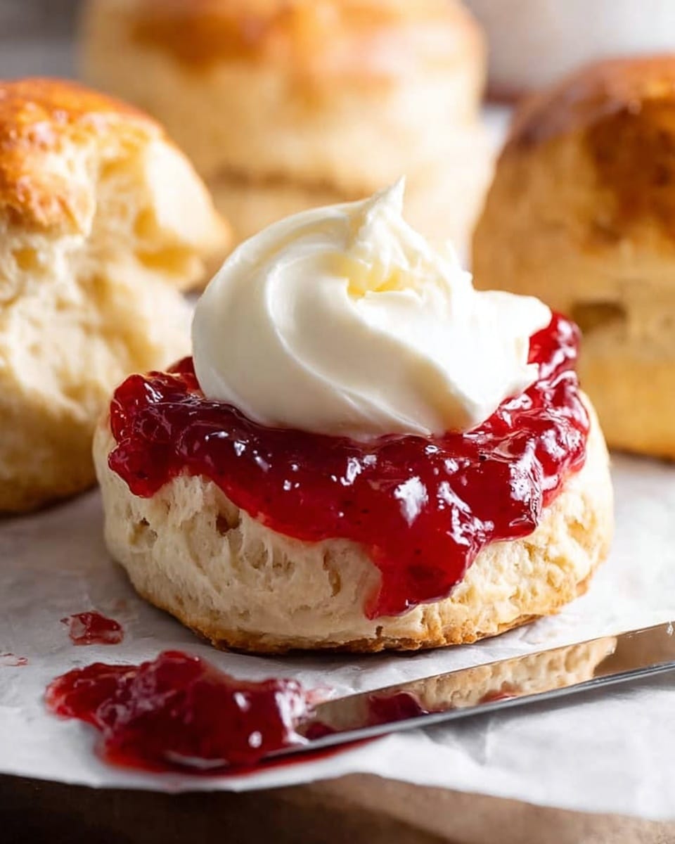 The image shows a close-up of a biscuit topped with a thick layer of glossy red jam and a dollop of smooth white cream on top. The biscuit is fluffy and golden-brown with a soft texture, cut in half as the base layer. A small metal knife with some jam on it lies in front of the biscuit on a white marbled surface with parchment paper underneath. Other biscuits with similar golden color sit blurred in the background. photo taken with an iphone --ar 4:5 --v 7
