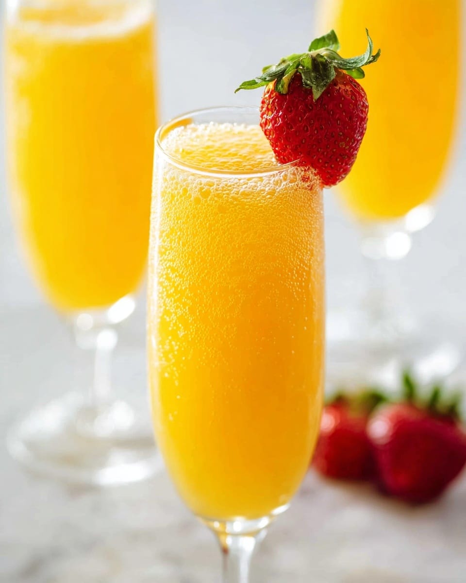 A tall clear glass filled with bright yellow-orange bubbly liquid, topped with small frothy bubbles all over the surface. A fresh red strawberry with green leaves is placed on the rim of the glass. In the background, two more glasses of the same yellow-orange drink are slightly blurred. The glasses are set on a white marbled surface. photo taken with an iphone --ar 4:5 --v 7