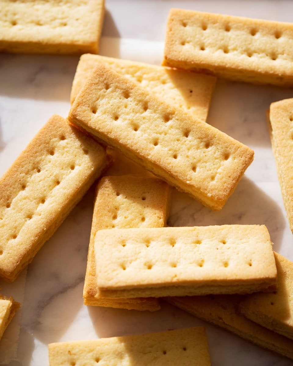 Several light golden shortbread cookie bars are placed on a white marbled surface, some overlapping each other. Each cookie bar is rectangular with a slightly crumbly texture and small holes arranged in a grid pattern on top. The top layer is smooth and evenly baked to a pale yellow-golden color, showing a slightly rough texture around the edges. The cookies appear thick and sturdy, with a soft matte finish. photo taken with an iphone --ar 4:5 --v 7