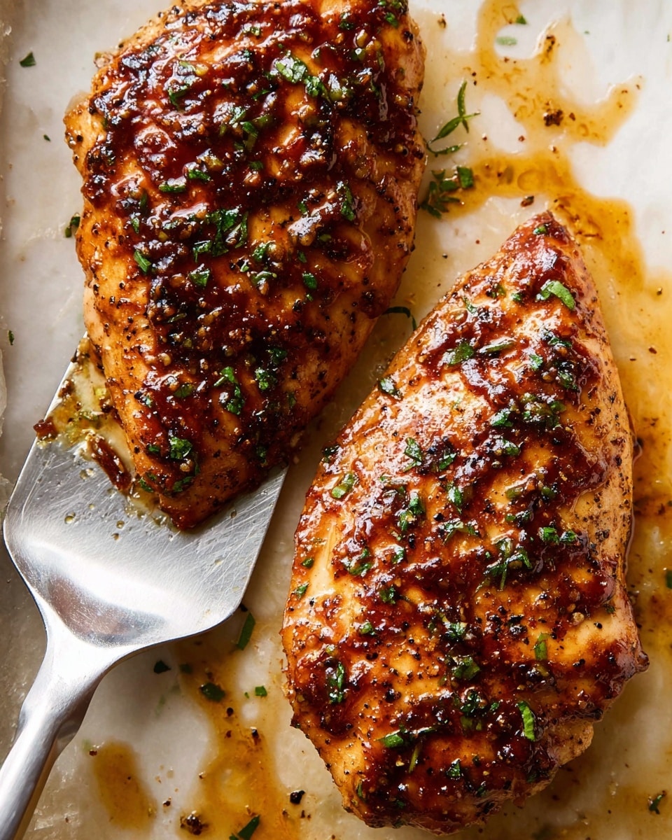 Two grilled chicken breasts are shown on a white marbled surface with some sauce and small bits of green herbs scattered around. The chicken breasts have a glossy, browned layer coated with spices and herbs, giving a textured look with charred spots and a shiny glaze. A metal spatula is under the top chicken breast, lifting it slightly, with a gray handle visible. The colors are mainly rich browns and reds from the spices, with fresh green flakes on top. Photo taken with an iphone --ar 4:5 --v 7