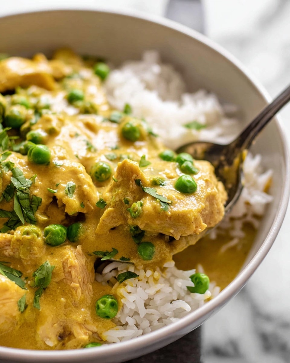 A close-up view of a white bowl filled with three main layers: the bottom layer is white rice, the middle layer shows bright green peas mixed in, and the top layer is a creamy golden sauce with pieces of tender chicken, sprinkled with small green herbs. A spoon rests on the right side of the bowl, partly covered by the sauce. The bowl is placed on a white marbled surface. Photo taken with an iphone --ar 4:5 --v 7