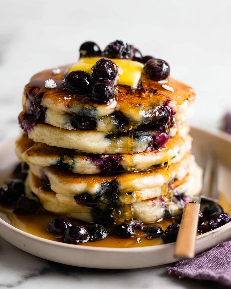 A stack of five thick blueberry pancakes sits on a white plate, each pancake golden with some darker spots and filled with whole blueberries that peek through the batter. The pancakes are layered evenly, with syrup slowly dripping down the sides, coating the pancakes and some loose blueberries at the base. At the top, there is a small piece of melting butter adding a bright yellow contrast among the deep purple blueberries and shiny amber syrup. The scene is set on a white marbled surface, with a fork resting on the edge of the plate and a soft purple cloth in the corner. photo taken with an iphone --ar 4:5 --v 7