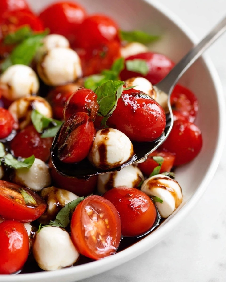 A close-up image shows a white plate filled with a mix of halved red cherry tomatoes and whole small white mozzarella balls, scattered with fresh green basil leaves. The ingredients are drizzled with a dark, glossy balsamic glaze and sprinkled with dried herbs. In the corner, a silver spoon holds a small serving of the salad, resting on a white marbled surface. photo taken with an iphone --ar 4:5 --v 7