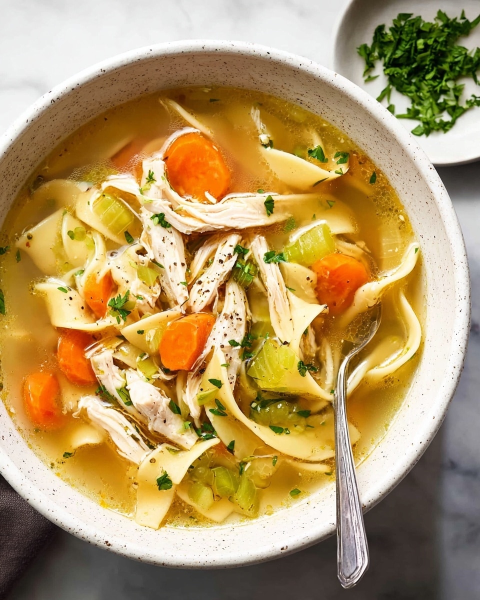 A close-up view of a white speckled bowl filled with clear chicken noodle soup, showing several layers: the bottom layer is a light golden broth, above it float wide flat pale yellow egg noodles folded around each other, bright orange carrot chunks, and green celery pieces. On top, shredded white chicken pieces are scattered, sprinkled with small green herbs and black pepper. A silver spoon rests inside the bowl on the right side, partially immersed in the soup. The background features a white marbled surface with a small white plate holding finely chopped green herbs in soft focus. Photo taken with an iphone --ar 4:5 --v 7