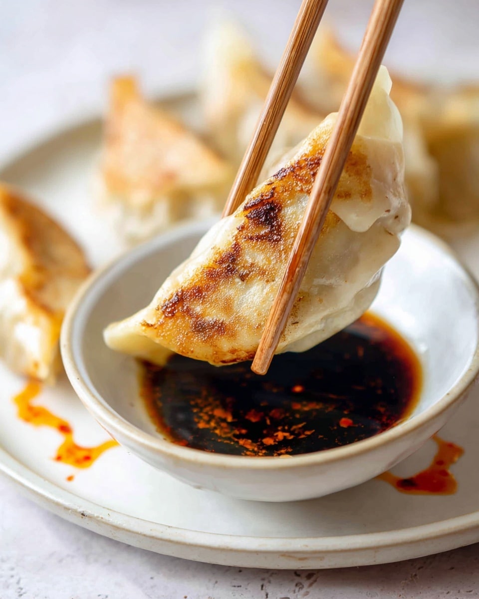 A close-up of a single golden brown fried dumpling with a crispy texture being held by wooden chopsticks, partially dipped into a small white bowl filled with dark soy sauce. The dumpling shows a slightly uneven, crunchy surface on one side and a soft, steamed dough texture on the other. The bowl sits on a white plate with a few more dumplings blurred in the background on a white marbled surface. Some drops of soy sauce are scattered around the bowl, adding a casual touch. Photo taken with an iphone --ar 4:5 --v 7