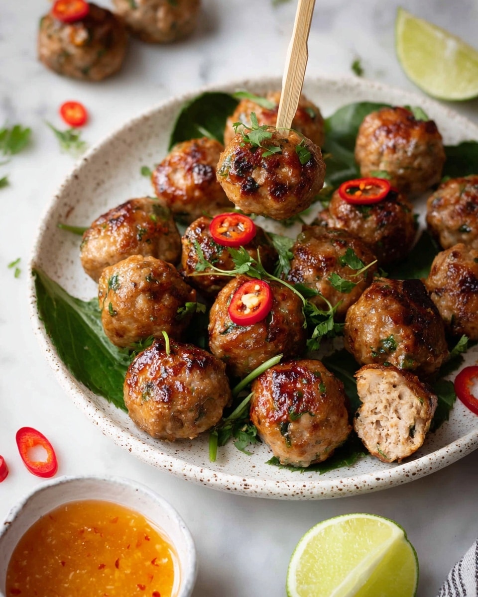 The image shows a white speckled plate with about thirteen golden-brown grilled meatballs, some topped with chopped green herbs and thin slices of red chili. The meatballs have a shiny, slightly crispy texture and are arranged closely with some green leaves underneath them. A few meatballs have small wooden picks inserted. Nearby on the white marbled surface are more meatballs, one cut in half showing a juicy inside. There is a small white bowl with orange dipping sauce containing a meatball on wooden sticks. Two lime halves are placed near the plate, and some scattered herbs and red chili slices add color to the scene. photo taken with an iphone --ar 4:5 --v 7