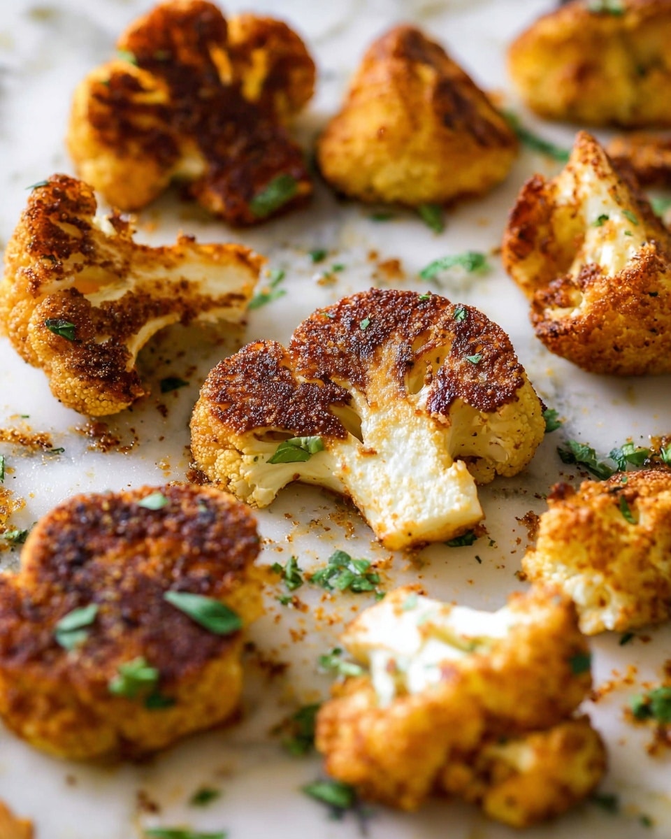 The image shows several pieces of roasted cauliflower on a white marbled surface. Each piece has a golden-brown crispy crust on top, with some green herb flakes sprinkled over them. The cauliflower pieces are thick and unevenly shaped, displaying white flesh beneath the browned crust. There are some crumbs and small bits of herbs scattered around the cauliflower pieces, and a metal spatula is partially visible behind the cauliflower in the background. Photo taken with an iphone --ar 4:5 --v 7