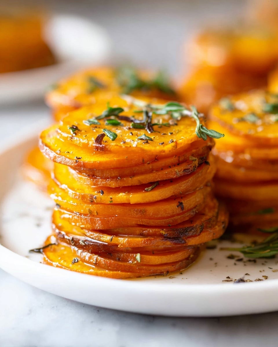 The image shows several small stacks of thinly sliced orange sweet potatoes arranged in neat towers on a white plate with a white marbled surface beneath. Each stack has about ten to twelve layers of slightly crispy and roasted sweet potato slices, with a golden-brown color on the edges and a shiny, glazed look in the center. Small green herb pieces, likely rosemary, are sprinkled on top and between some layers, adding texture and color contrast. The front stack is in sharp focus while the background stacks are softly blurred, giving depth to the image. photo taken with an iphone --ar 4:5 --v 7