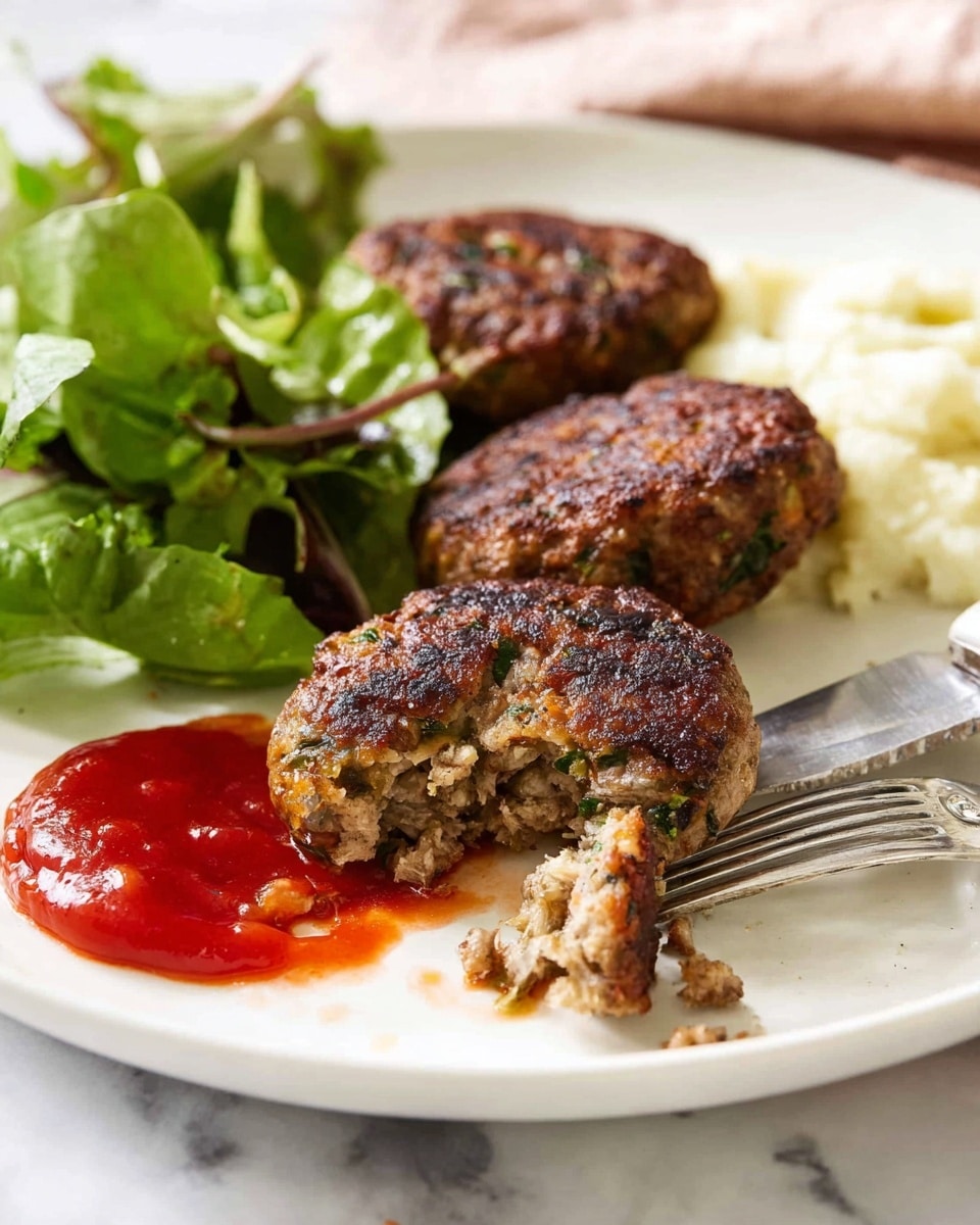 The image shows a white plate with three well-cooked, round meat patties that have a dark brown, slightly crispy outside with visible bits of herbs and vegetables inside. One patty is cut open, placed on a metal fork, and dipped into a smooth, bright red sauce spread on the plate. Behind the patties, there is a scoop of creamy mashed potatoes, topped with a small pile of fresh green salad leaves with different tones of green and some purple. A silver knife lies on the bottom right edge of the plate. The background is a white marbled texture. Photo taken with an iphone --ar 4:5 --v 7