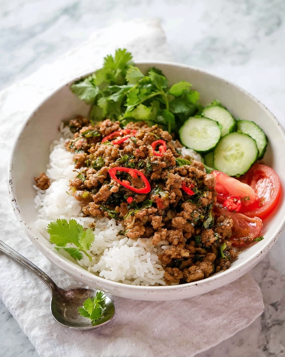 A white bowl filled with three main layers: at the bottom is fluffy white rice, layered with a generous amount of cooked ground meat mixed with small pieces of green herbs and sliced red chili peppers in the middle, and topped with fresh green cilantro leaves. On one side of the bowl, there are fresh cucumber slices and red tomato pieces adding bright green and red colors. The bowl sits on a white marbled surface with a white cloth underneath and a silver spoon with a small cilantro leaf resting in the background. Photo taken with an iphone --ar 4:5 --v 7