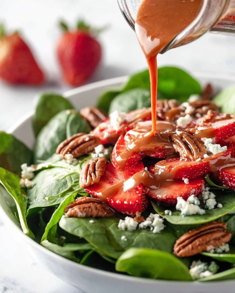 A fresh spinach salad layered with bright green spinach leaves as the base, topped with sliced red strawberries scattered evenly across the salad. The third layer includes whole pecans spread around, adding texture and a warm brown color. Small bits of crumbly white and blue cheese are sprinkled over the top. Rich, creamy reddish-brown dressing is being poured from a glass bottle onto the center of the salad. The salad sits in a white bowl on a white marbled surface, with blurred strawberries in the background. Photo taken with an iphone --ar 4:5 --v 7