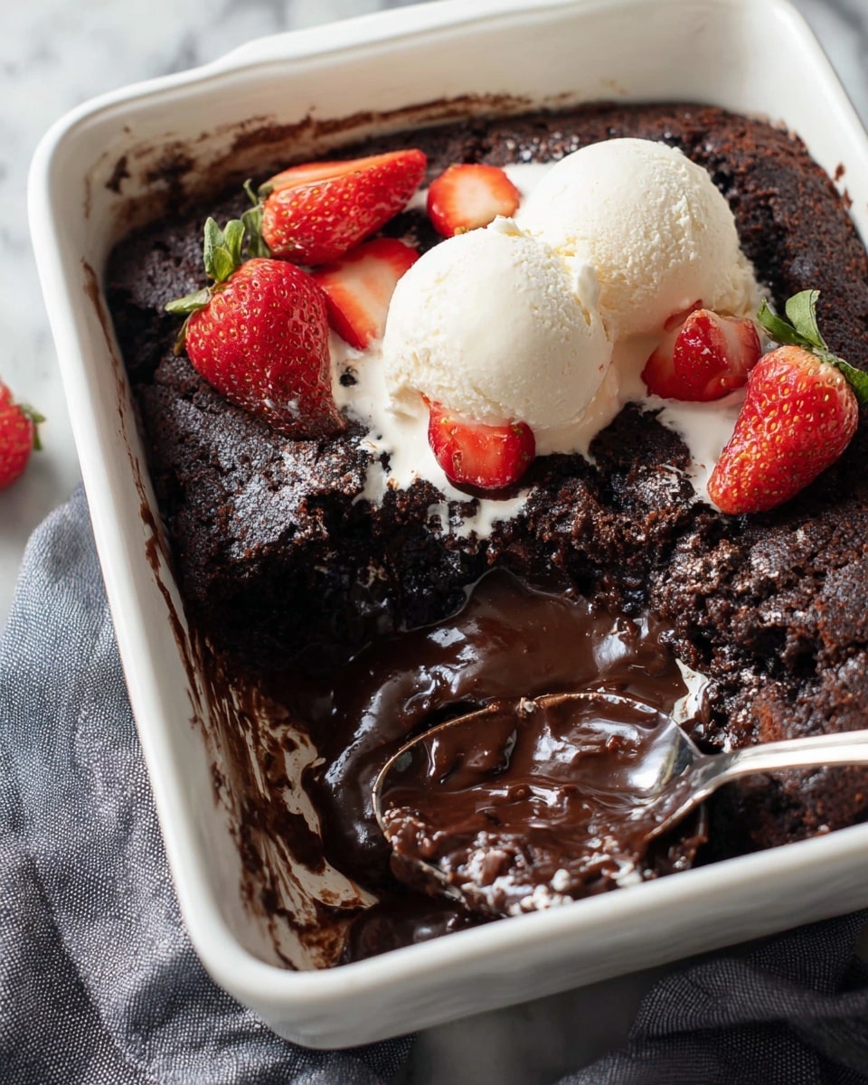 A white baking dish filled with a rich, dark chocolate pudding cake with a crumbly top layer and a glossy, molten chocolate layer beneath, showing melted chocolate chunks. On one side, there are two scoops of creamy, pale yellow vanilla ice cream partially melting into the warm cake. Fresh, bright red strawberries, some whole and some sliced, are placed on top near the ice cream, adding vibrant color. A spoon rests inside the dish, partially scooping the chocolate pudding. The dish is set on a soft gray cloth over a white marbled surface. photo taken with an iphone --ar 4:5 --v 7